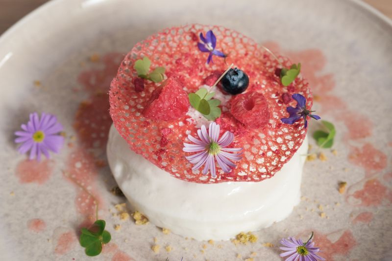 Joghurtschaum mit Pfirsichsorbet und Korallhippen