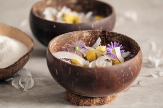 Kokosparfait mit exotischem Früchtekompott