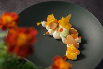 Cheesecake mit Mandarinen-Chips und Thaibasilikumeis